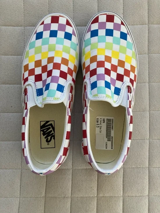 Vans Women’s Slip-On Multicolor Rainbow Checkerboard Sneakers - Picture 7 of 7